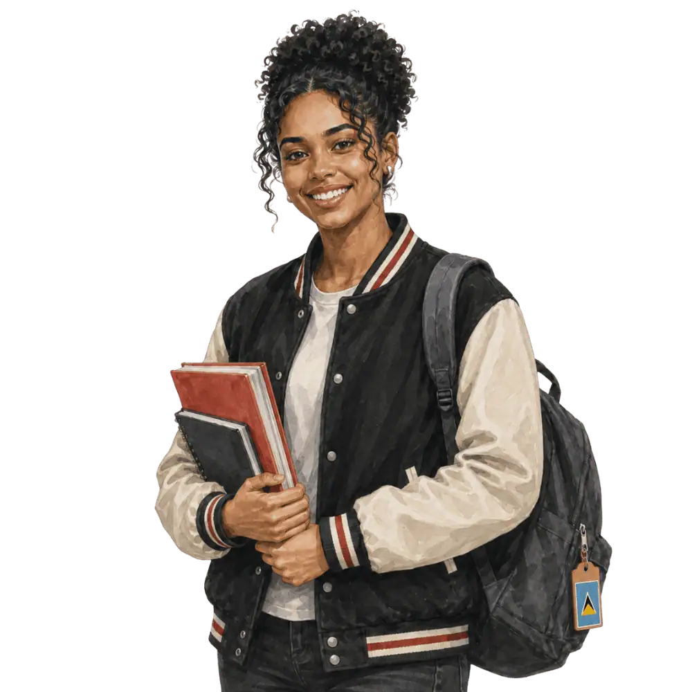Student with books, a backpack and a St. Lucia flag tag representing study permits for students from St. Lucia in Canada