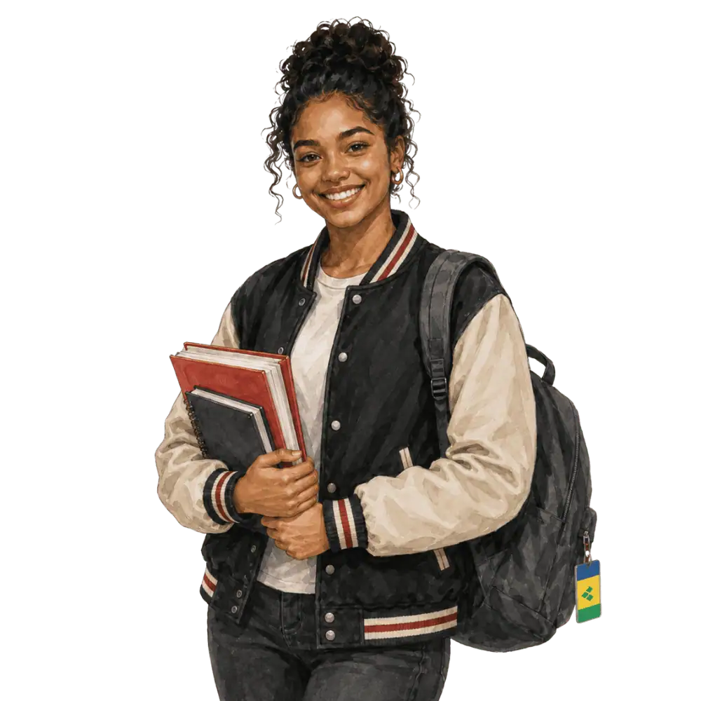 Student with books, a backpack and a St. Vincent and the Grenadines flag tag representing study permits for students from St. Vincent and the Grenadines in Canada