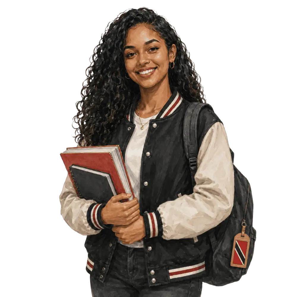 Student with books, a backpack and a Trinidad and Tobago flag tag representing study permits for students from Trinidad and Tobago in Canada