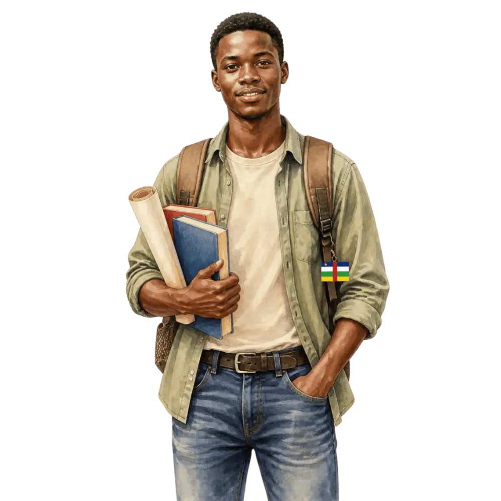 Student with books, a backpack and a Central African Republic flag tag representing study permits for students from the Central African Republic in Canada