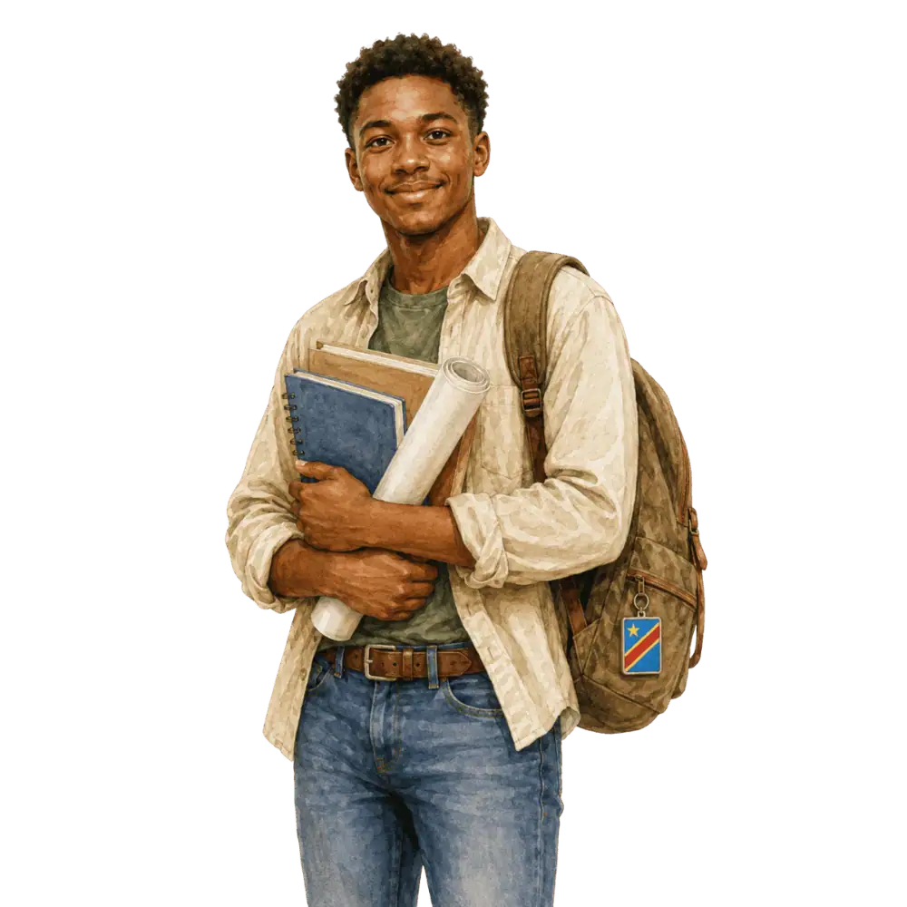 Student with books, a backpack and a Democratic Republic of the Congo flag tag representing study permits for students from the Democratic Republic of the Congo in Canada