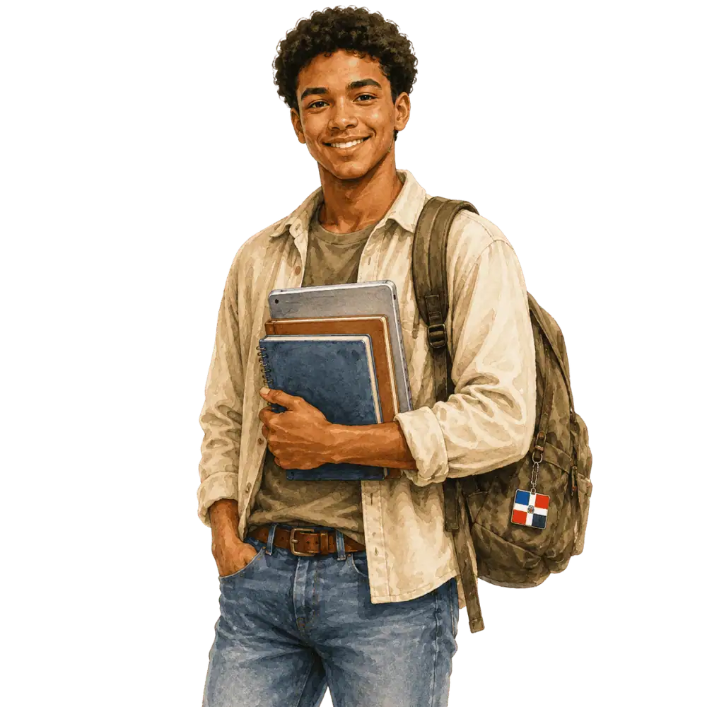 Student with books, a backpack and a Dominican Republic flag tag representing study permits for students from the Dominican Republic in Canada