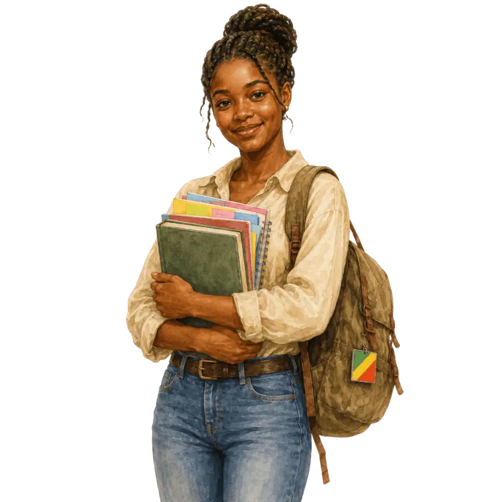 Student with books, a backpack and a Republic of the Congo flag tag representing study permits for students from the Republic of the Congo in Canada