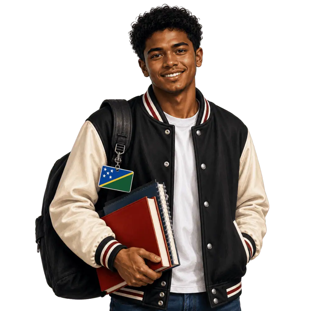 Student with books, a backpack and a Solomon Islands flag tag representing study permits for students from the Solomon Islands in Canada