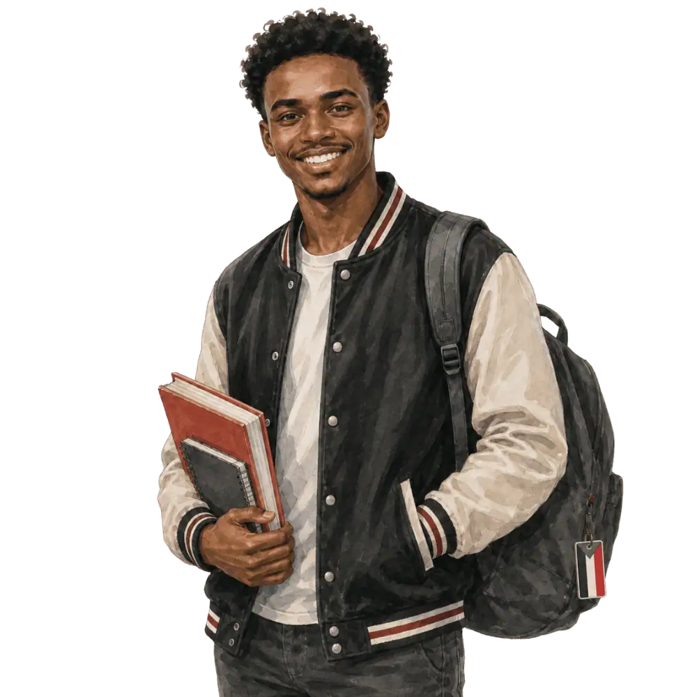 Student with books, a backpack and a Sudanese flag tag representing study permits for Sudanese students in Canada