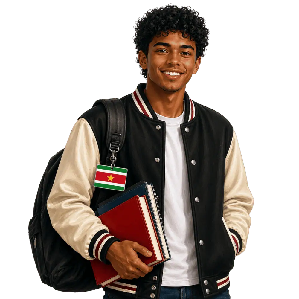 Student with books, a backpack and a Surinamese flag tag representing study permits for Surinamese students in Canada