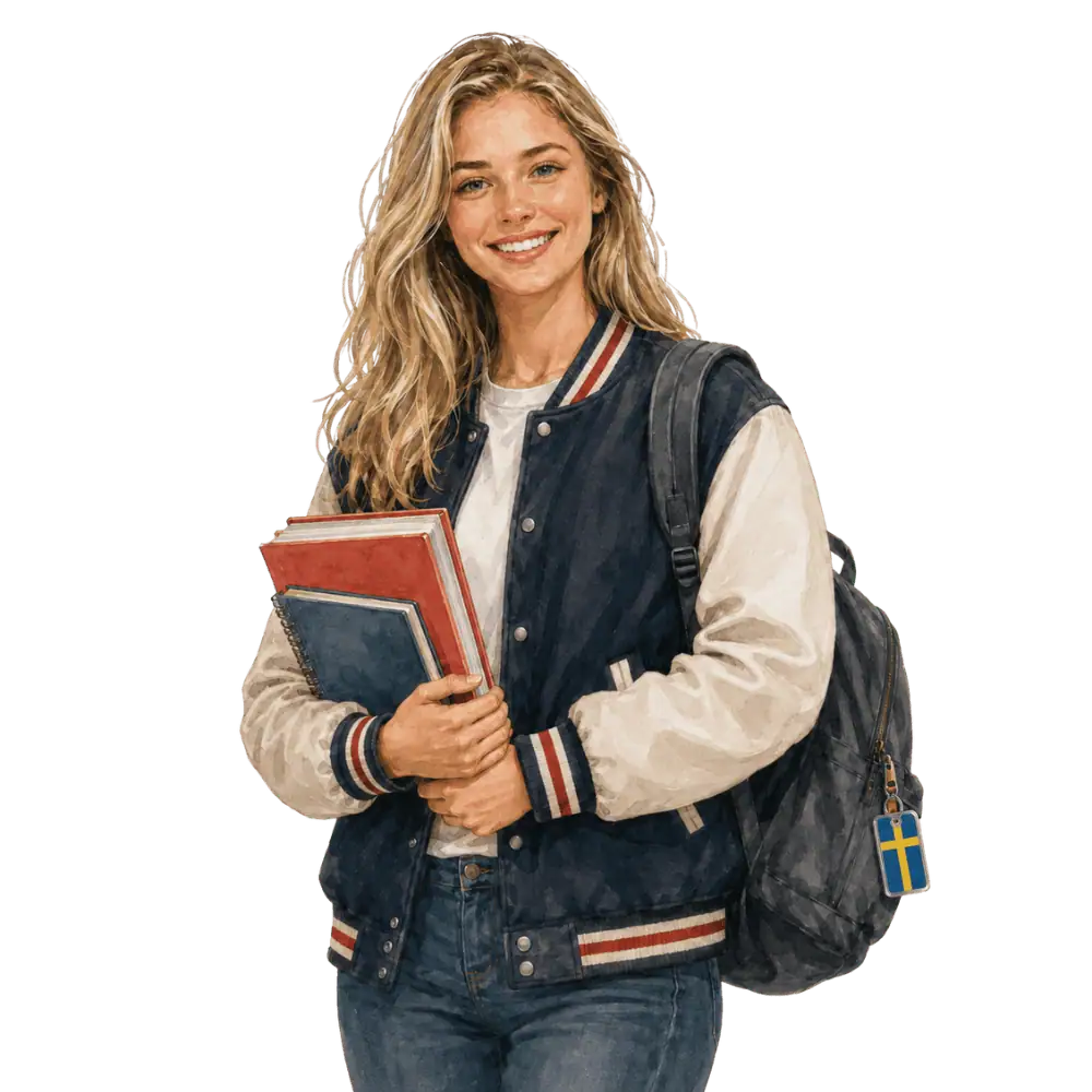 Student with books, a backpack and a Swedish flag tag representing study permits for Swedish students in Canada