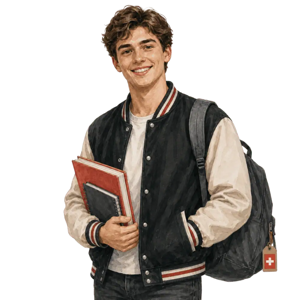 Student with books, a backpack and a Swiss flag tag representing study permits for Swiss students in Canada