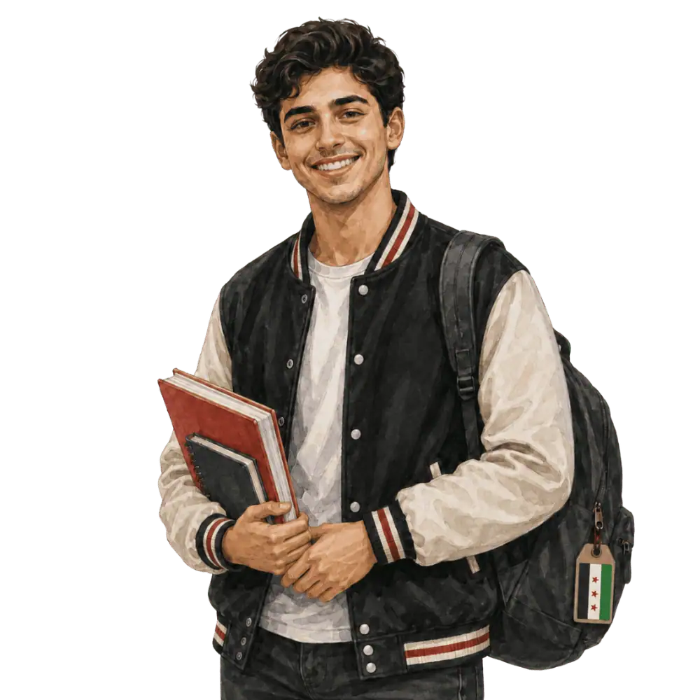 Student with books, a backpack and a Syrian flag tag representing study permits for Syrian students in Canada
