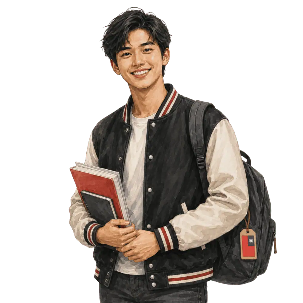 Student with books, a backpack and a Taiwanese flag tag representing study permits for Taiwanese students in Canada