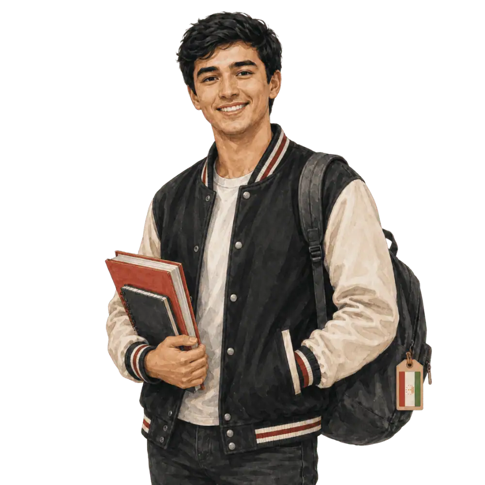 Student with books, a backpack and a Tajik flag tag representing study permits for Tajik students in Canada