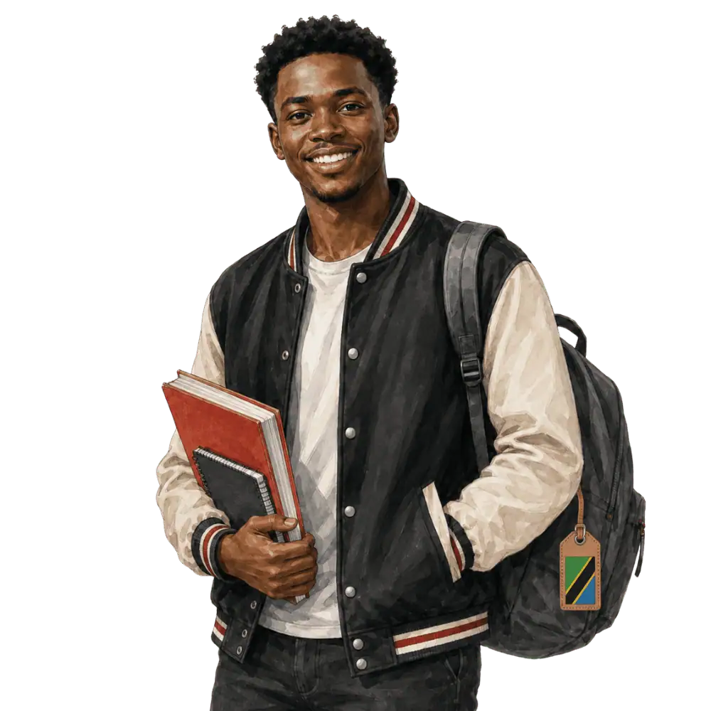 Student with books, a backpack and a Tanzanian flag tag representing study permits for Tanzanian students in Canada
