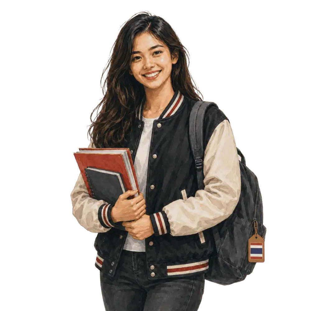 Student with books, a backpack and a Thai flag tag representing study permits for Thai students in Canada