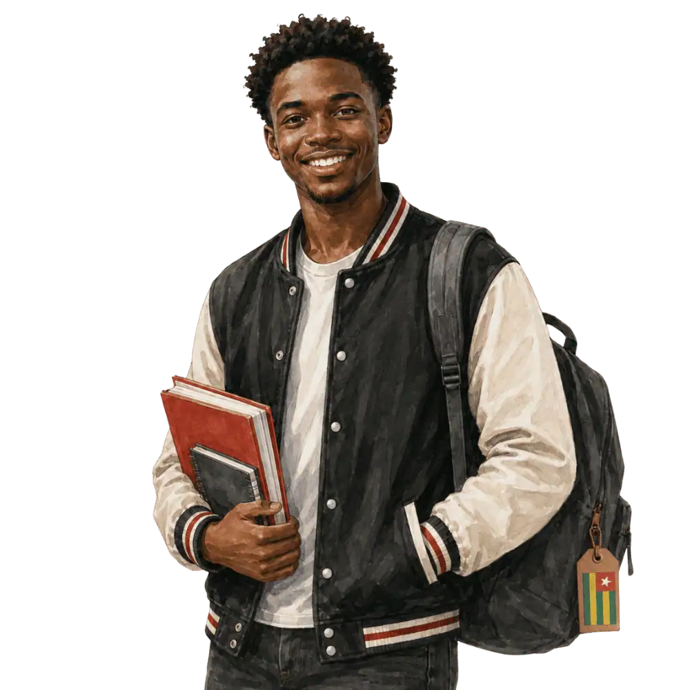 Student with books, a backpack and a Togolese flag tag representing study permits for Togolese students in Canada