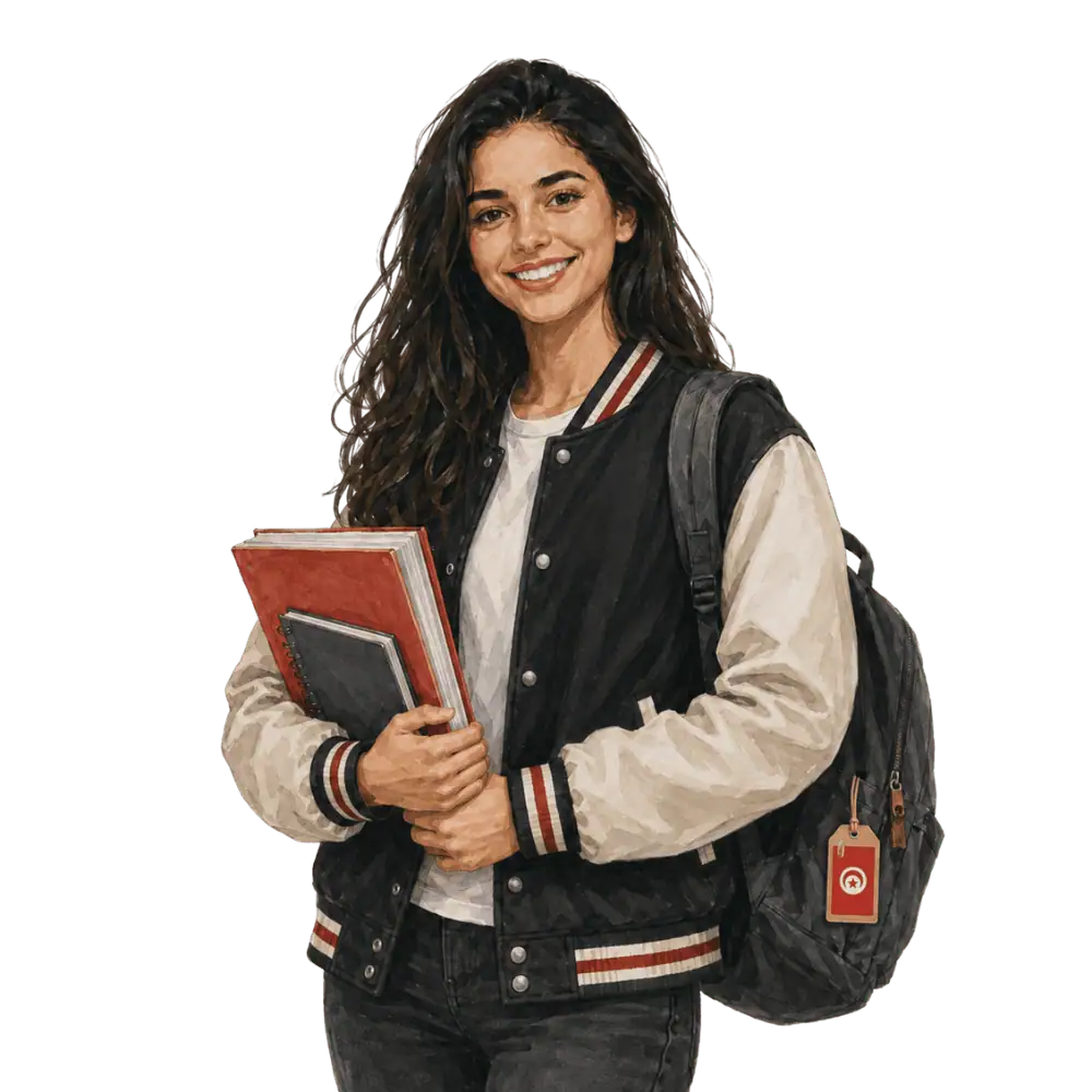 Student with books, a backpack and a Tunisian flag tag representing study permits for Tunisian students in Canada