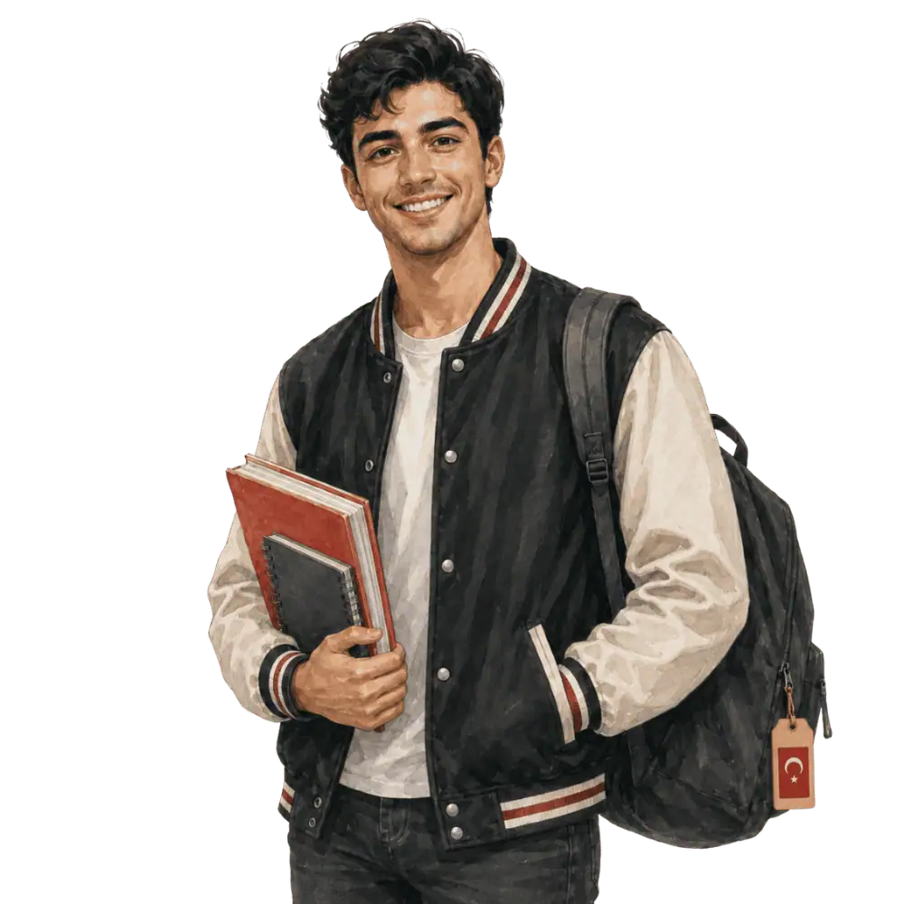 Student with books, a backpack and a Turkish flag tag representing study permits for Turkish students in Canada