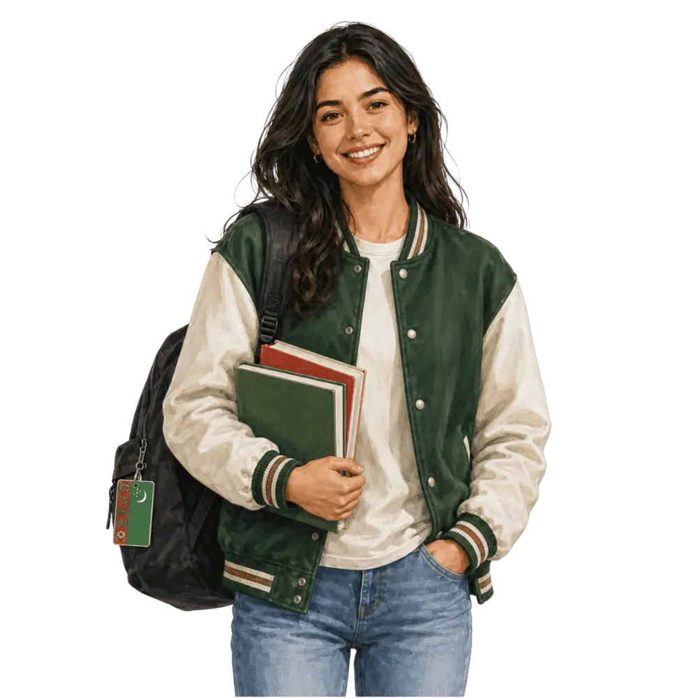 Student with books, a backpack and a Turkmen flag tag representing study permits for Turkmen students in Canada