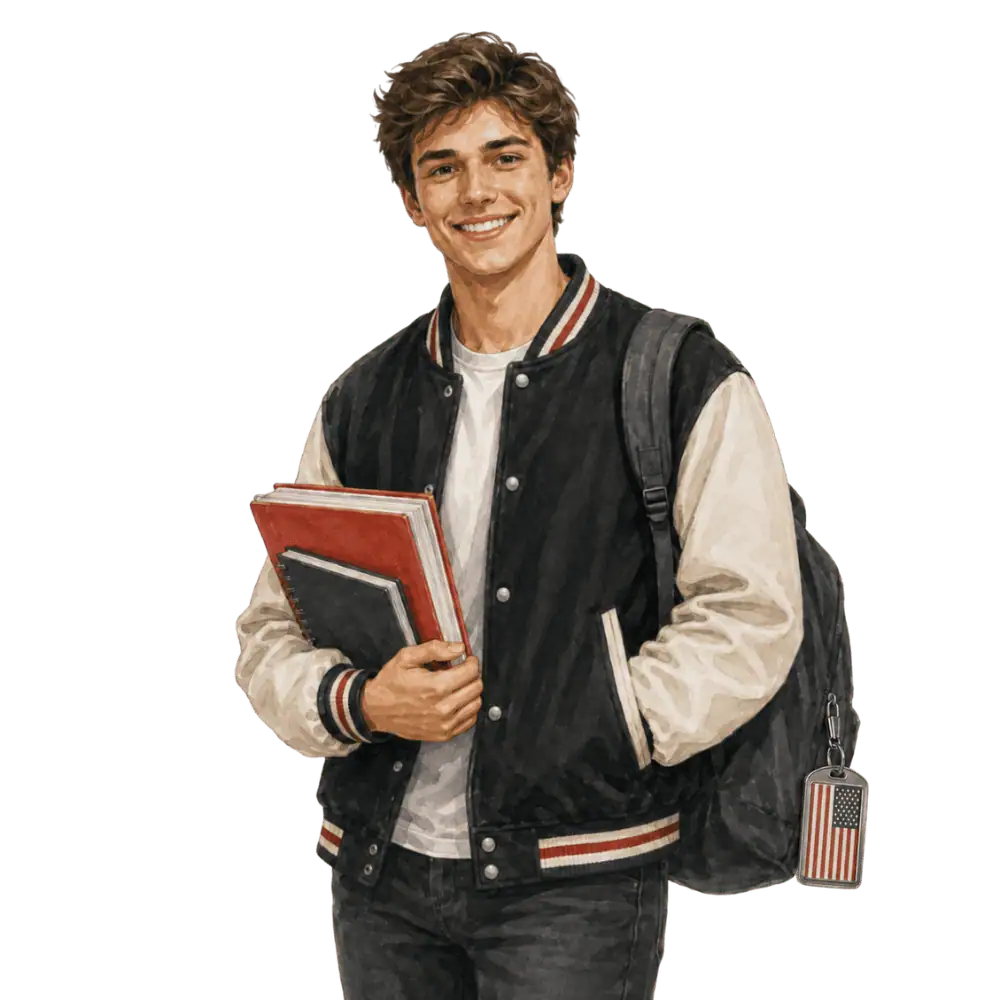 Student with books, a backpack and an American flag tag representing study permits for U.S. students in Canada
