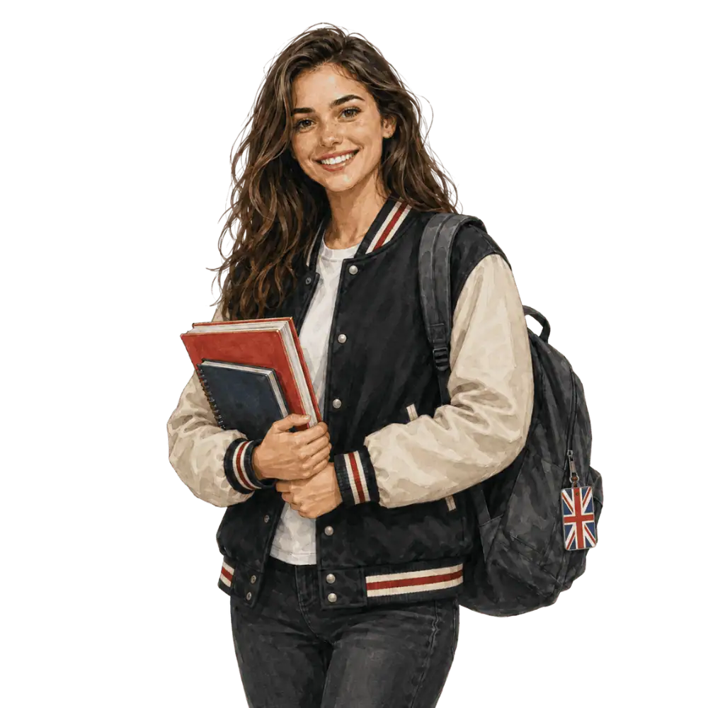 Student with books, a backpack and a British flag tag representing study permits for students from the United Kingdom and Overseas Territories in Canada