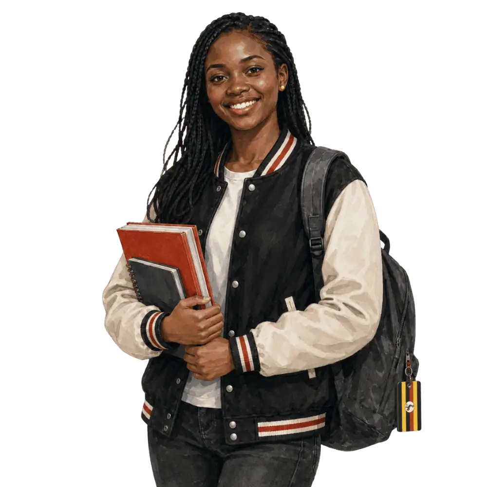 Student with books, a backpack and a Ugandan flag tag representing study permits for Ugandan students in Canada