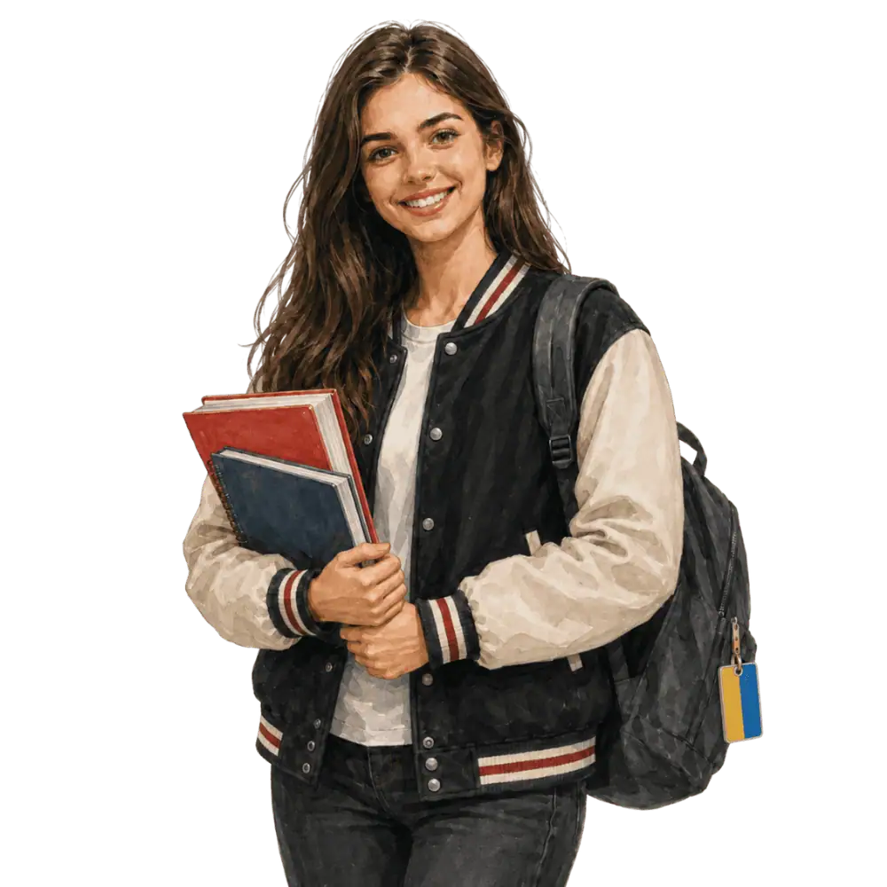 Student with books, a backpack and a Ukrainian flag tag representing study permits for Ukrainian students in Canada