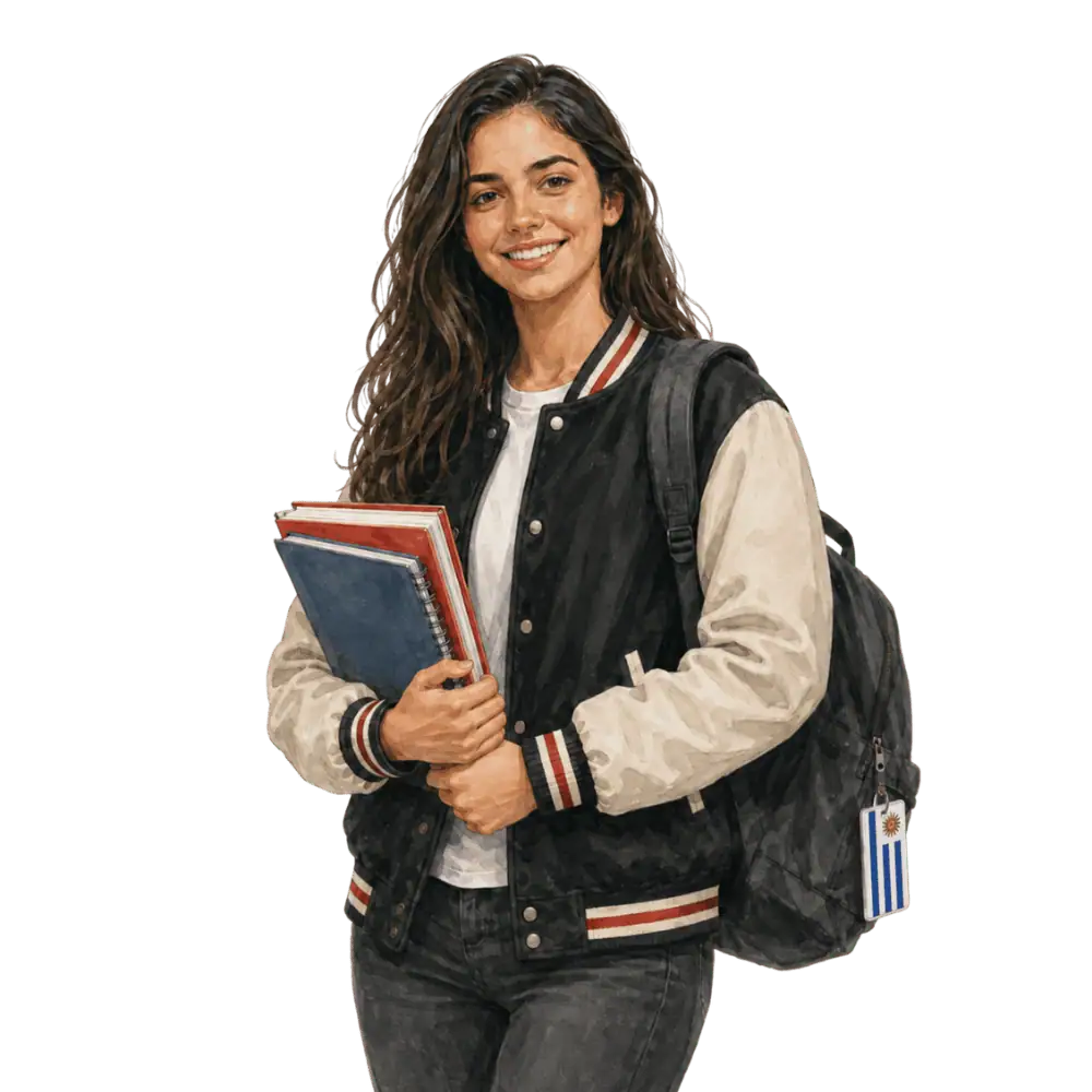 Student with books, a backpack and a Uruguayan flag tag representing study permits for Uruguayan students in Canada