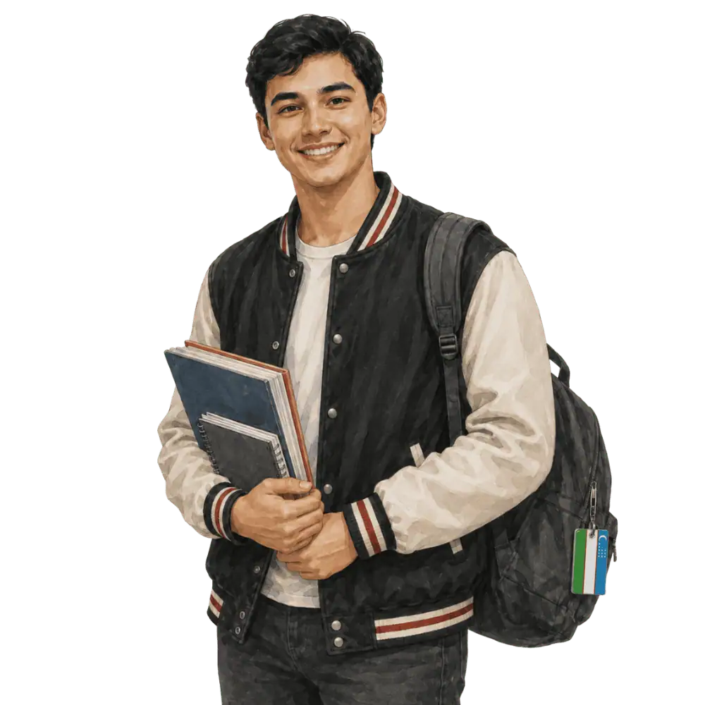 Student with books, a backpack and an Uzbek flag tag representing study permits for Uzbek students in Canada