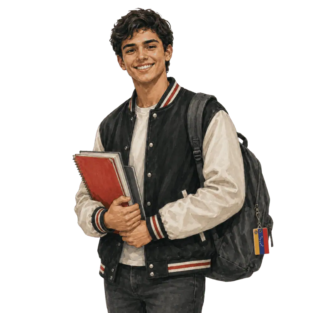Student with books, a backpack and a Venezuelan flag tag representing study permits for Venezuelan students in Canada