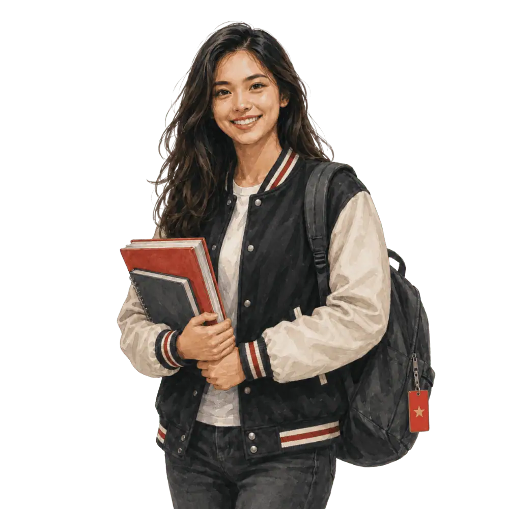 Student with books, a backpack and a Vietnamese flag tag representing study permits for Vietnamese students in Canada