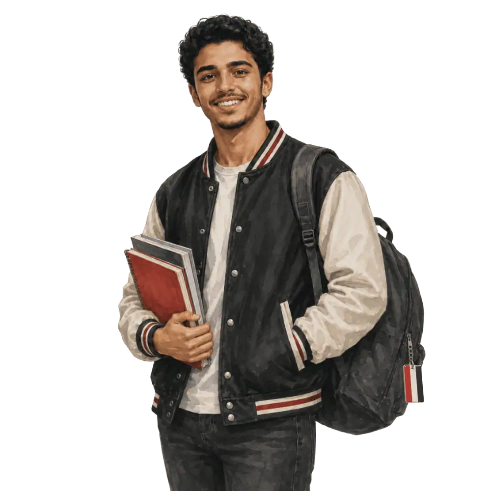 Student with books, a backpack and a Yemeni flag tag representing study permits for Yemeni students in Canada