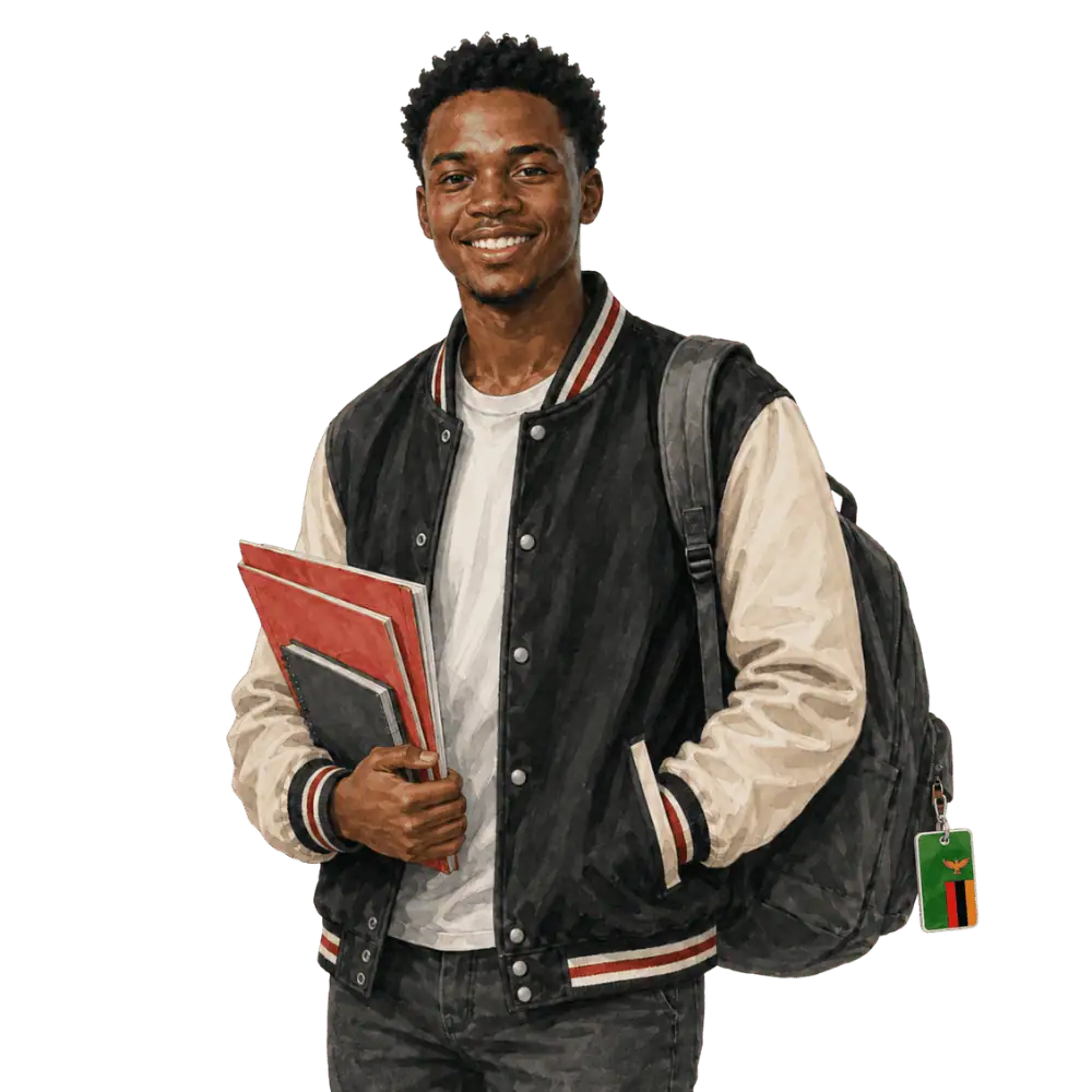 Student with books, a backpack and a Zambian flag tag representing study permits for Zambian students in Canada
