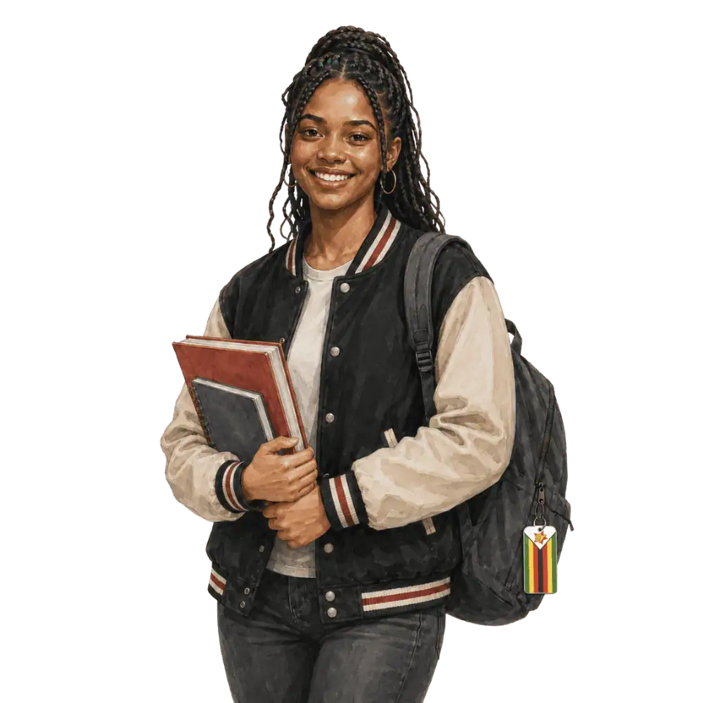 Student with books, a backpack and a Zimbabwean flag tag representing study permits for Zimbabwean students in Canada
