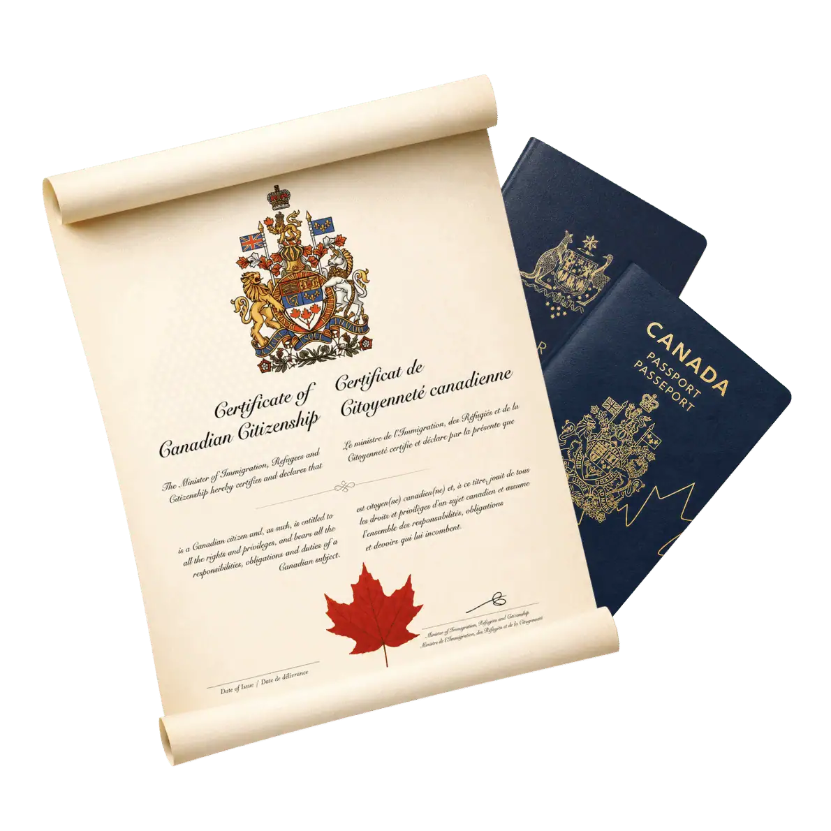 Canadian citizenship certificate with Australian and Canadian passports representing Canadian citizenship by descent for Australian residents