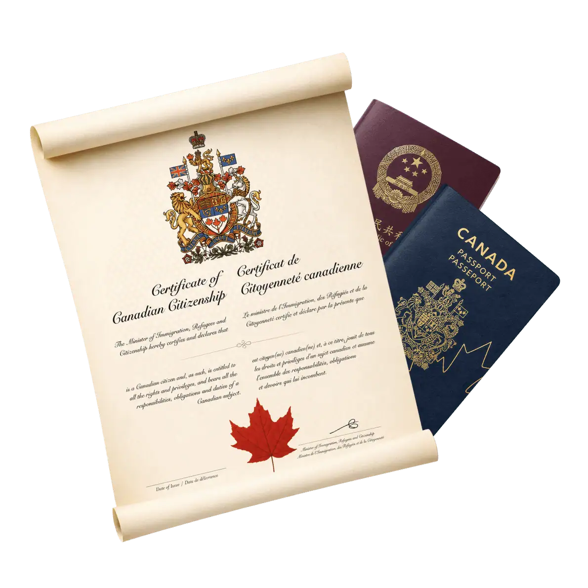Canadian citizenship certificate with Chinese and Canadian passports representing Canadian citizenship by descent for residents of China