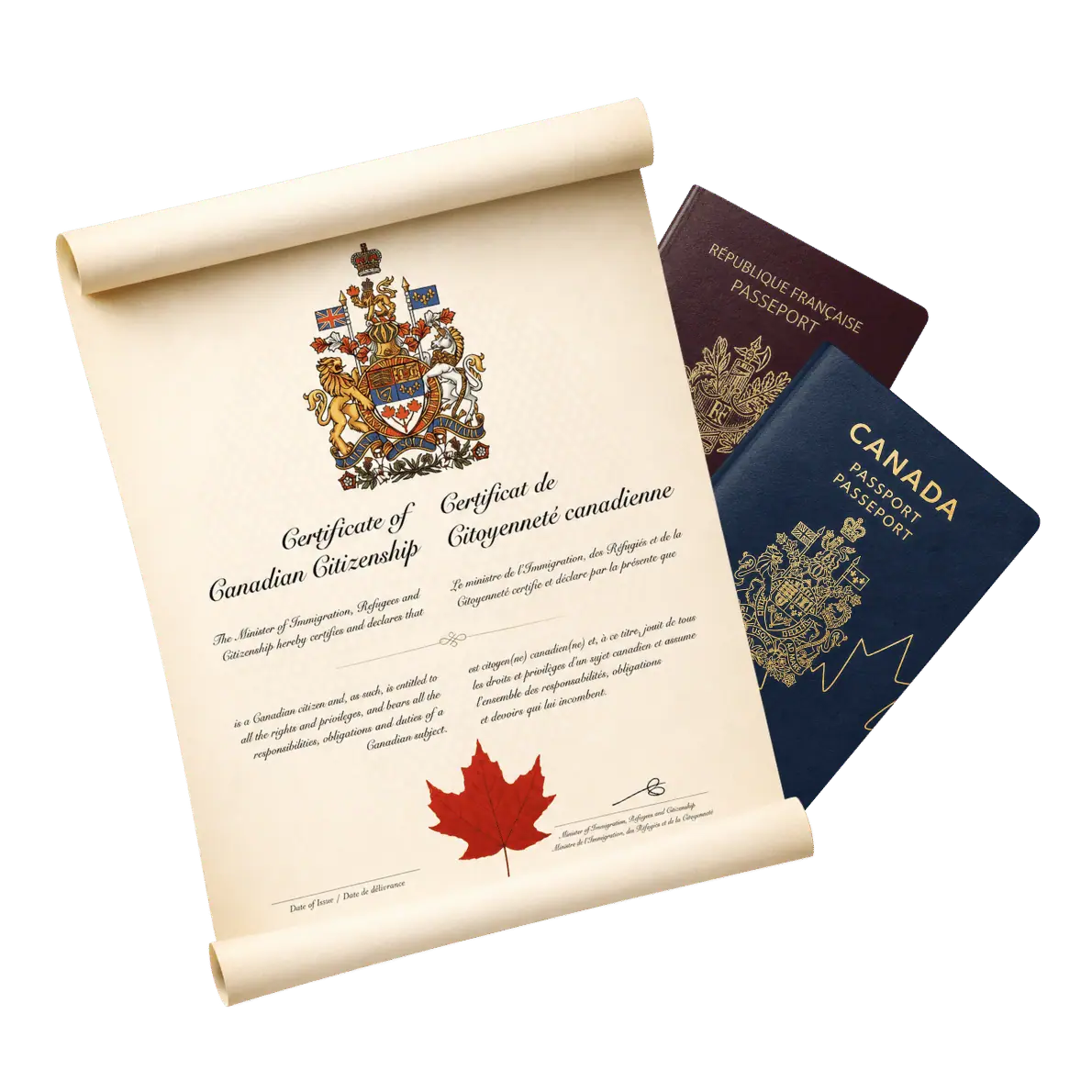 Canadian citizenship certificate with French and Canadian passports representing Canadian citizenship by descent for residents of France