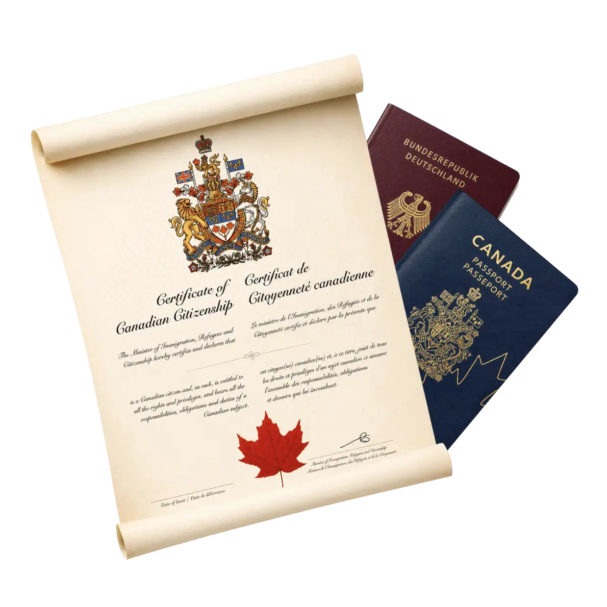 Canadian citizenship certificate with German and Canadian passports representing Canadian citizenship by descent for residents of Germany