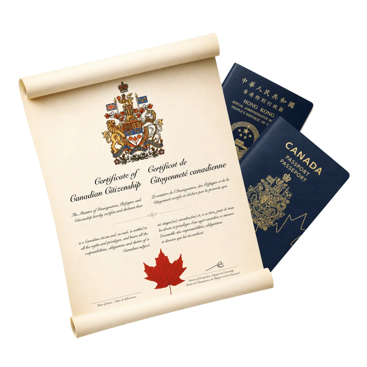 Canadian citizenship certificate with Hong Kong and Canadian passports representing Canadian citizenship by descent for Hong Kong residents