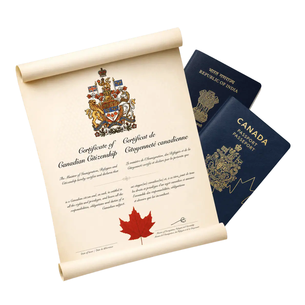 Canadian citizenship certificate with Indian and Canadian passports representing Canadian citizenship by descent for Indian residents