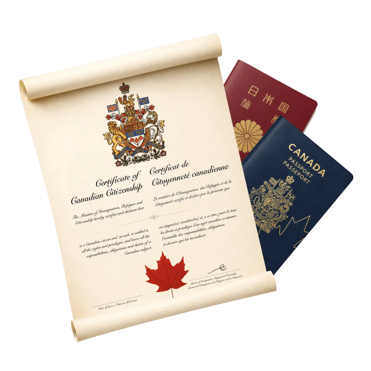 Canadian citizenship certificate with Japanese and Canadian passports representing Canadian citizenship by descent for Japanese residents