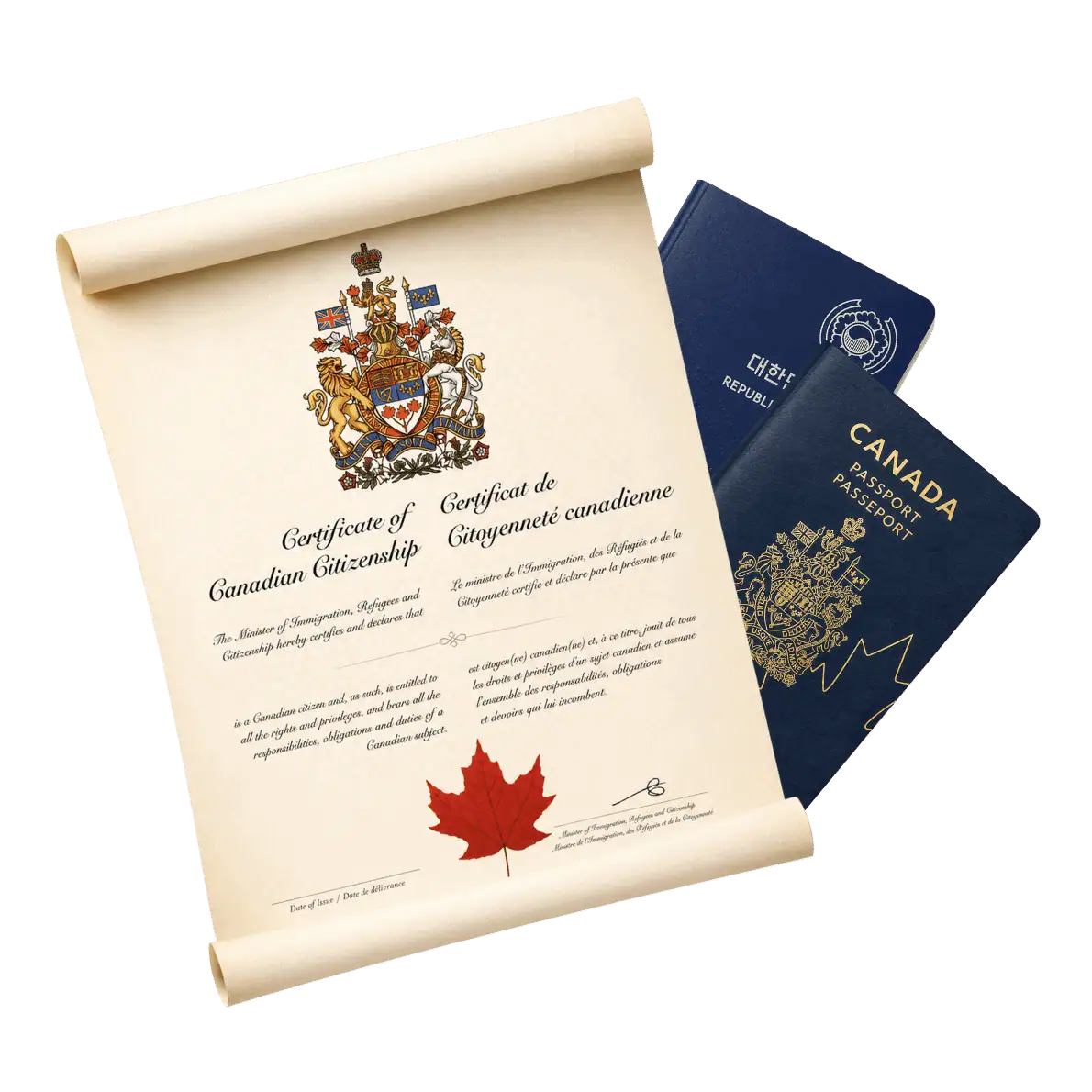 Canadian citizenship certificate with South Korean and Canadian passports representing Canadian citizenship by descent for South Korean residents