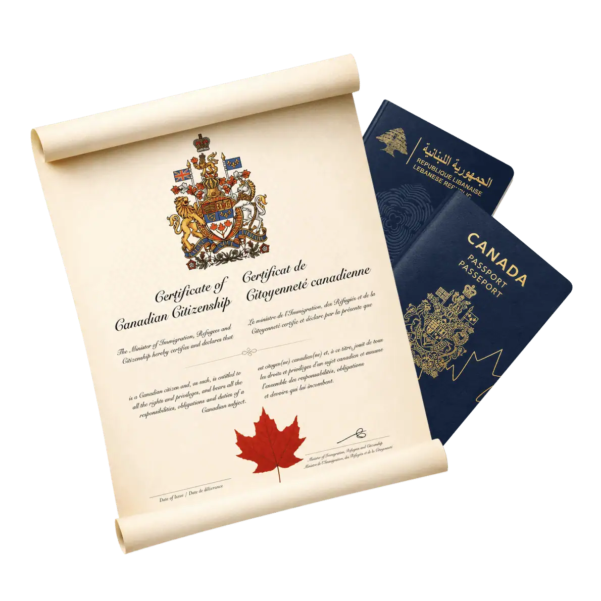 Canadian citizenship certificate with Lebanese and Canadian passports representing Canadian citizenship by descent for Lebanese residents