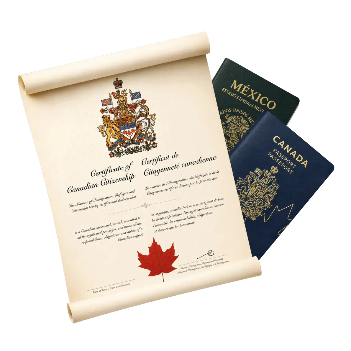 Canadian citizenship certificate with Mexican and Canadian passports representing Canadian citizenship by descent for Mexican residents