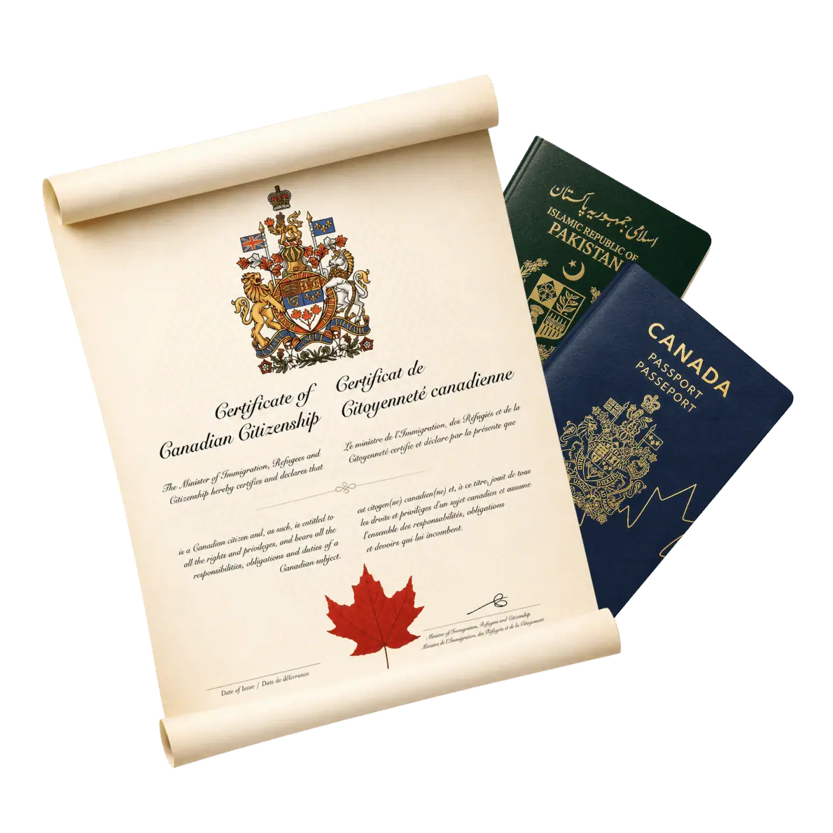 Canadian citizenship certificate with Pakistani and Canadian passports representing Canadian citizenship by descent for Pakistani residents