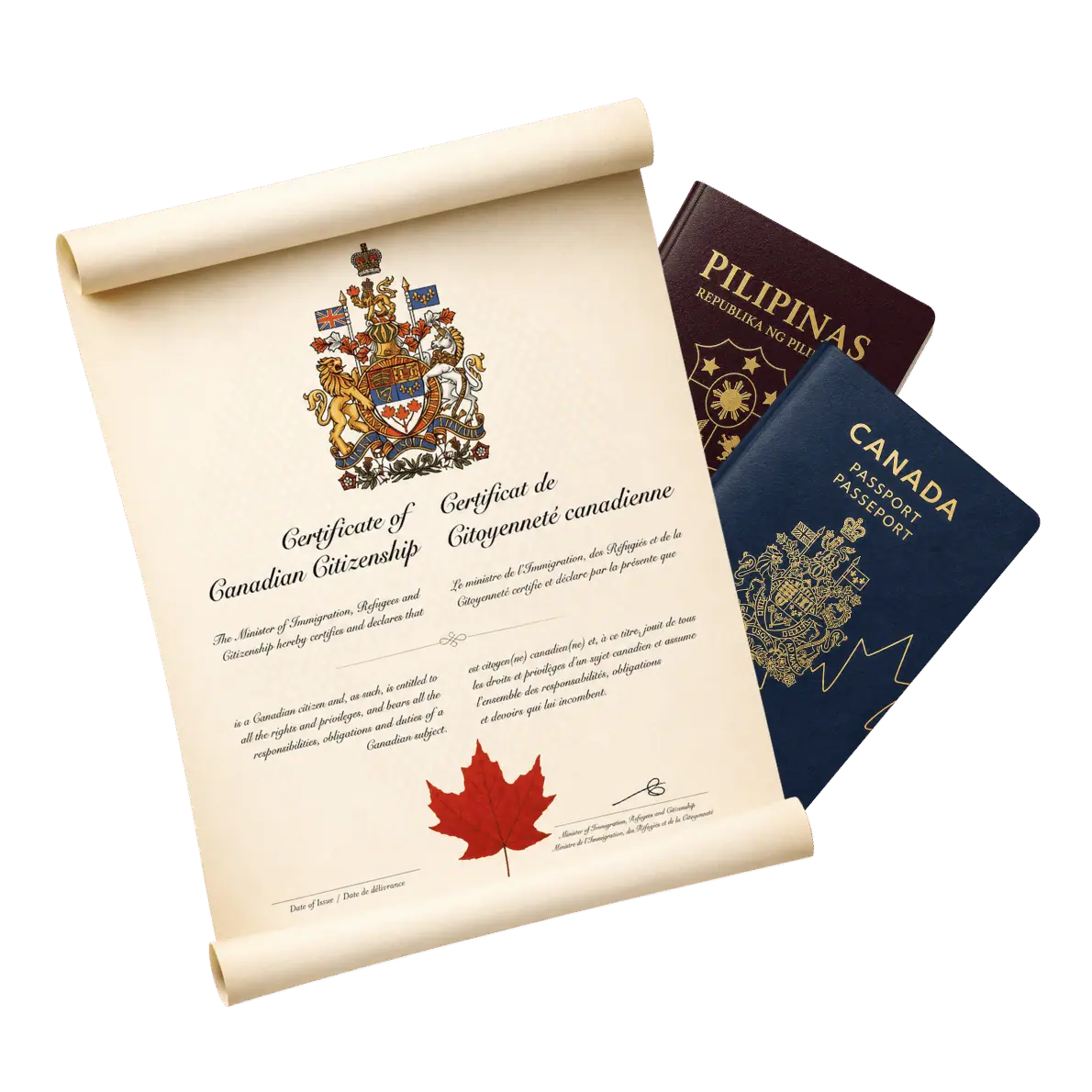 Canadian citizenship certificate with Philippine and Canadian passports representing Canadian citizenship by descent for Philippine residents