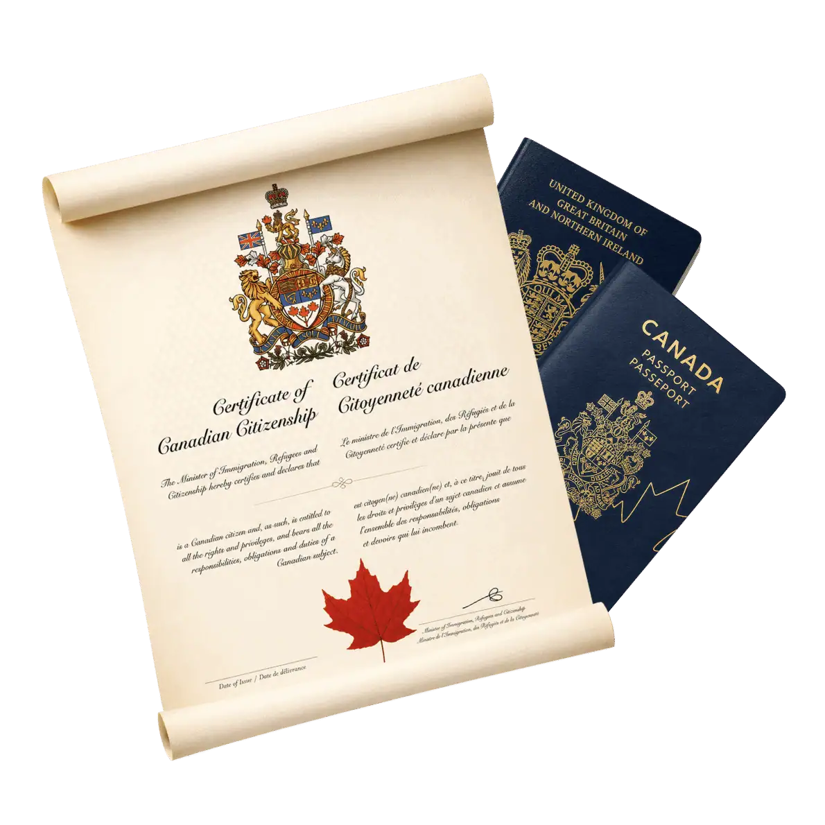 Canadian citizenship certificate with British and Canadian passports representing Canadian citizenship by descent for United Kingdom residents