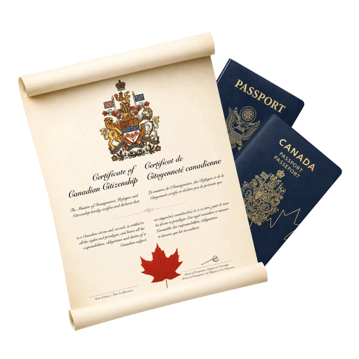 Canadian citizenship certificate with American and Canadian passports representing Canadian citizenship by descent for U.S. residents