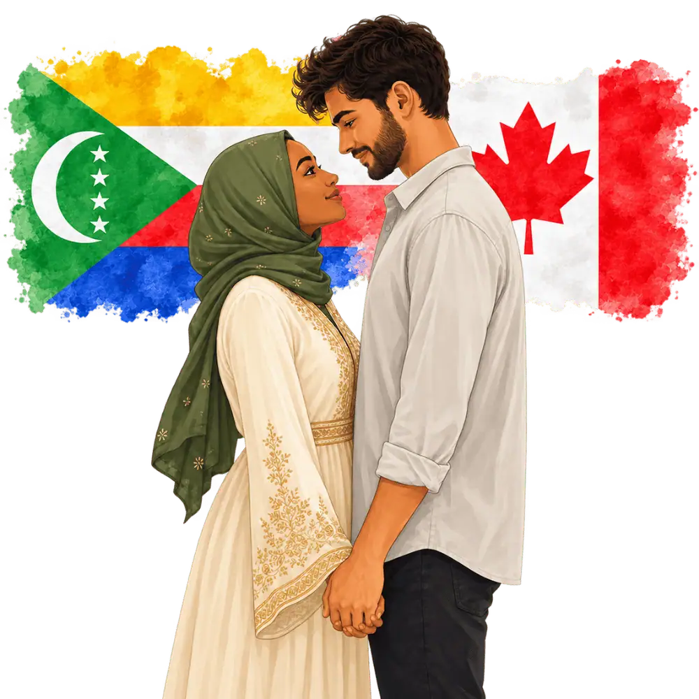 Couple with Comorian and Canadian flags representing spousal sponsorship from Comoros to Canada