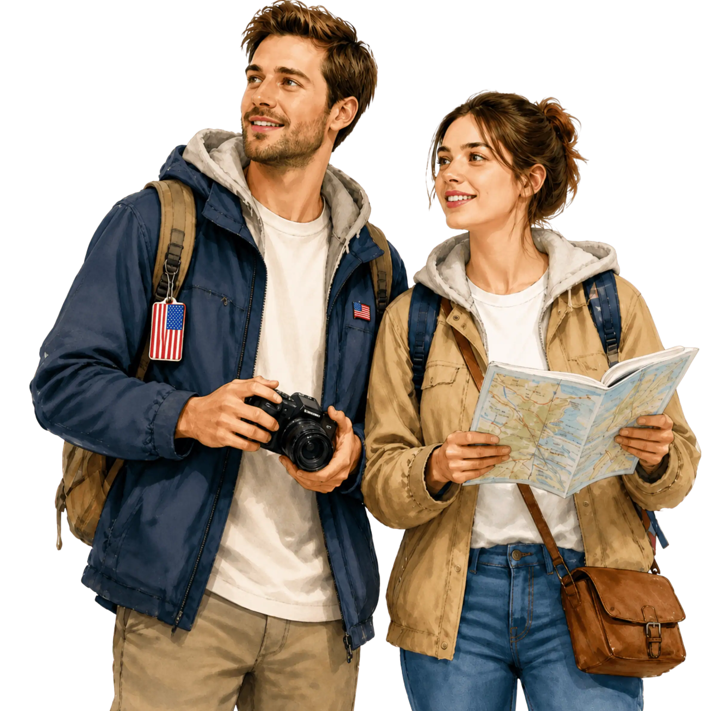 Travellers with backpacks, a camera and a flag tag representing travel from US to Canada