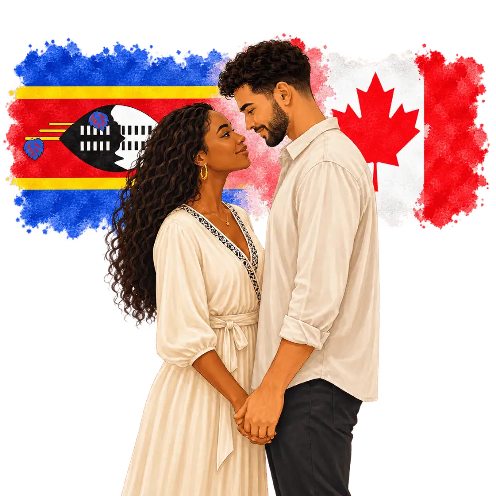 Couple with Eswatini and Canadian flags representing spousal sponsorship from Eswatini to Canada