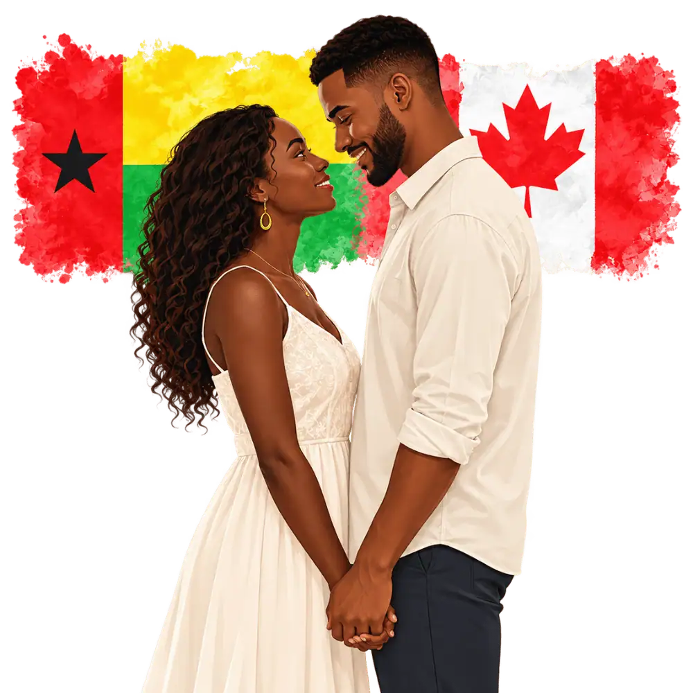 Couple with Guinea-Bissau and Canadian flags representing spousal sponsorship from Guinea-Bissau to Canada